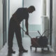 person uses a mop bucket while cleaning a floor