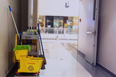 janitorial cart in hallway