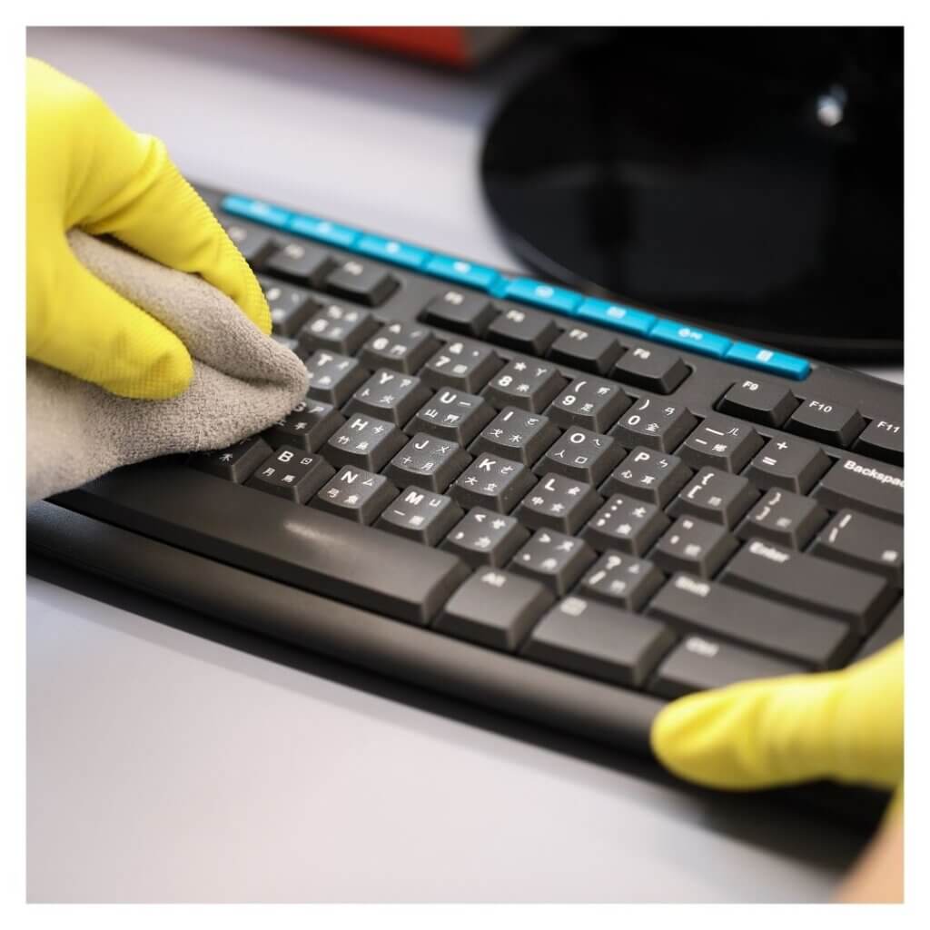 person with gloves cleans keyboard 