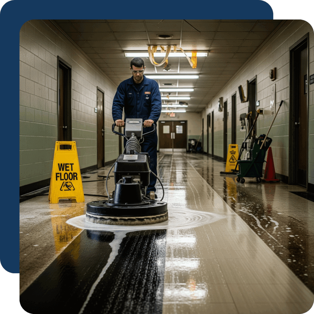 Cleaning the floors of a hallway