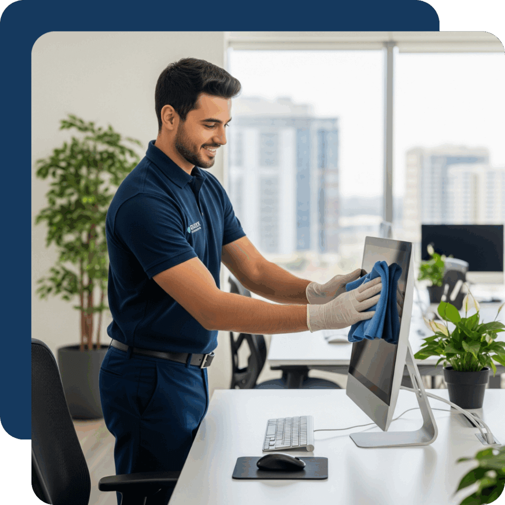 Person cleaning computer monitor