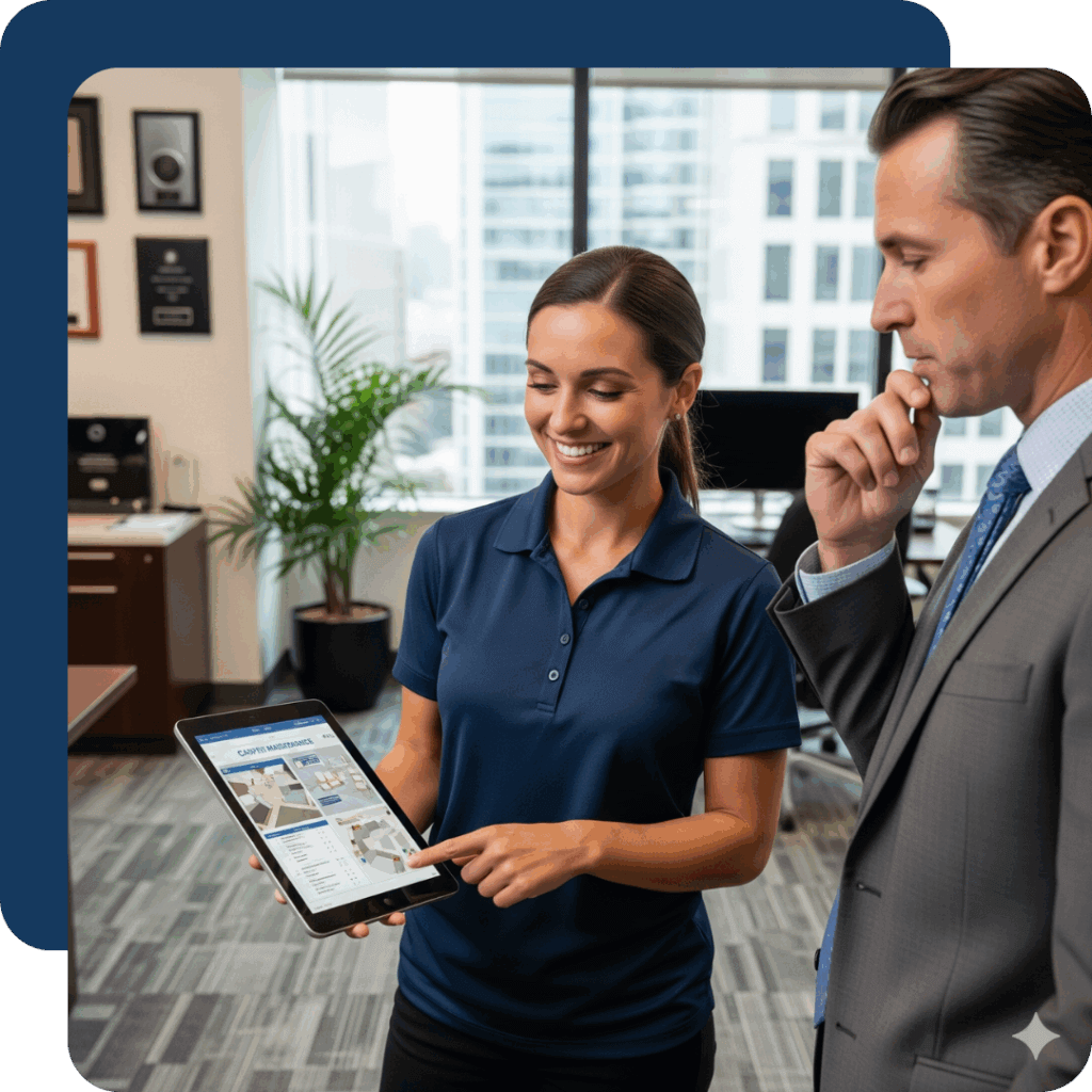 Commercial Carpet Cleaning Services in Fresno California 1 A friendly cleaning consultant in a Customized Custodial Services uniform holding a tablet while discussing a tailored carpet maintenance plan with a business manager inside an office.