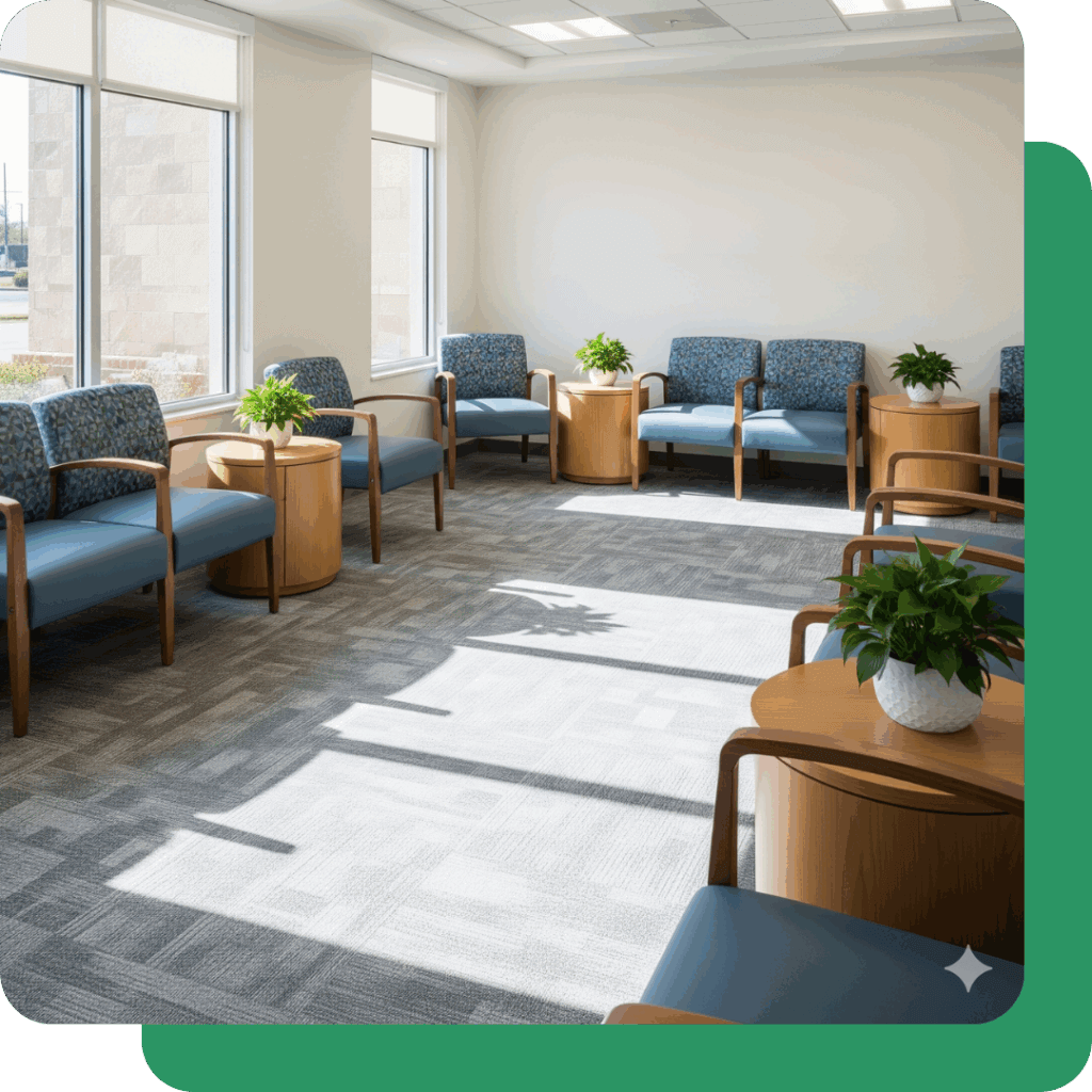 Commercial Carpet Cleaning Services in Fresno California 4 The clean and inviting waiting area of a modern medical facility in Fresno, showcasing the immaculate carpeting maintained by professional commercial cleaners.
