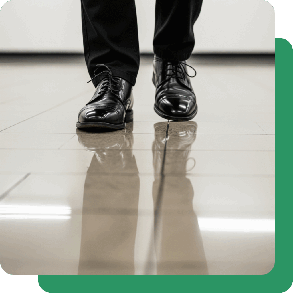 Commercial Floor Stripping and Waxing In Bakersfield, California - 2 Close-up of a person's shoes reflecting on a pristine, high-gloss commercial floor, demonstrating the quality of professional floor maintenance.