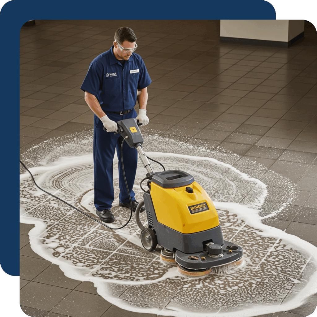 Commercial Floor Stripping and Waxing In Fresno California Side 1 A uniformed technician from Customized Custodial Services operating a floor stripping machine in a commercial facility.