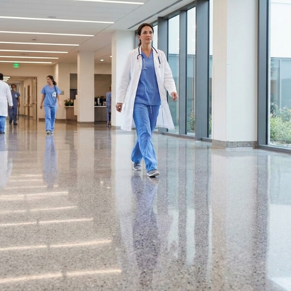a medical professional walking on a clean, shiny medical facility floor