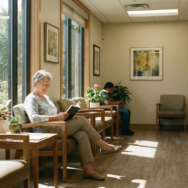 a patient relaxing in a clean, sunlit medical waiting room
