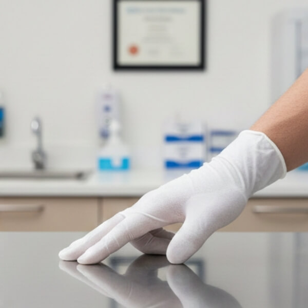 Gloved hand feeling a surface