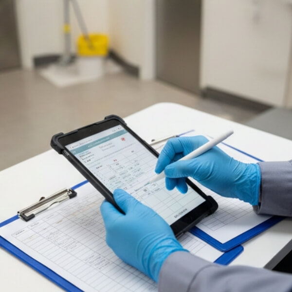 Custodian working with a checklist