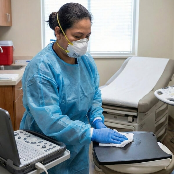 Cleaning professional wiping a laptop