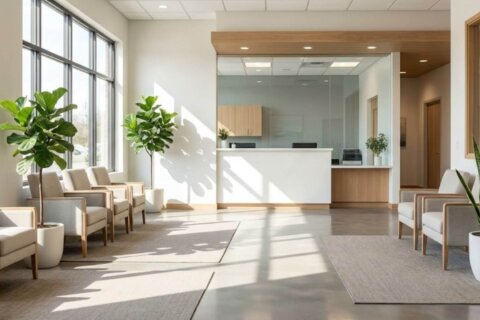 A bright, modern, and empty medical office waiting area filled with natural sunlight.