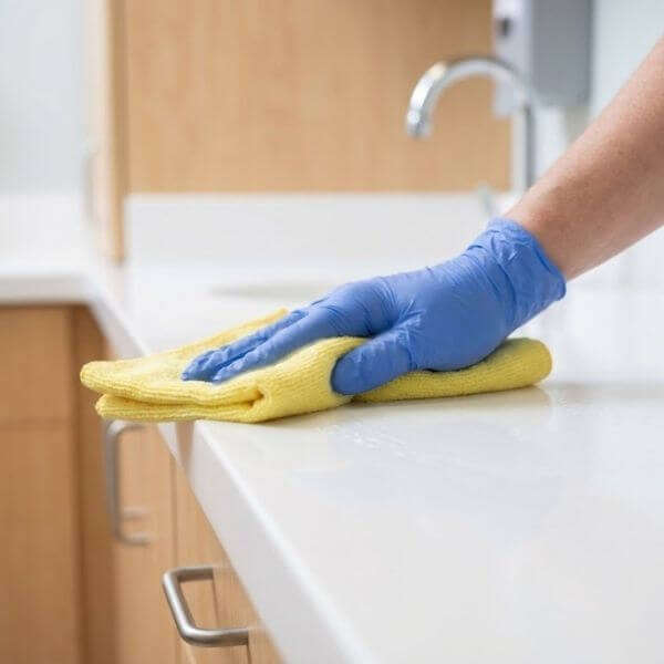 A gloved hand using a microfiber cloth to wipe a surface clean.