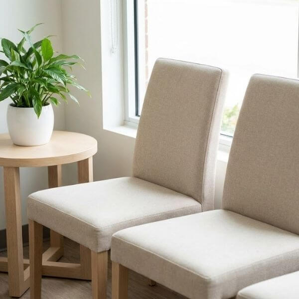 Empty, clean chairs in a sunlit corner of a healthcare facility waiting room.