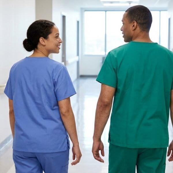 Two medical professionals walking together down a clean, well-lit hallway.