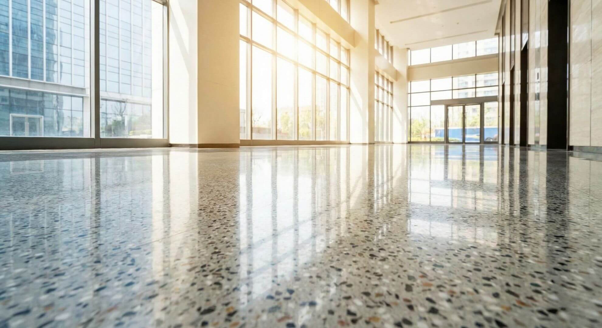 A brightly lit, modern commercial lobby featuring a highly polished terrazzo floor reflective surface.