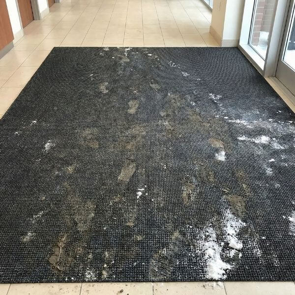 A commercial building entrance mat covered in tracked snow, dirt, and wet footprints during winter weather.