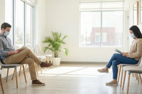 A spacious, sunlit medical waiting room with two individuals sitting socially distanced in a clean environment.
