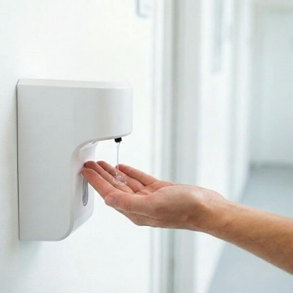 Close-up of a hand receiving sanitizer gel from a touchless wall-mounted dispenser.