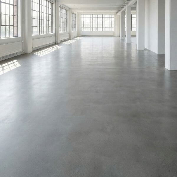 An expansive, empty commercial office floor plate with clean concrete flooring and natural light from windows.