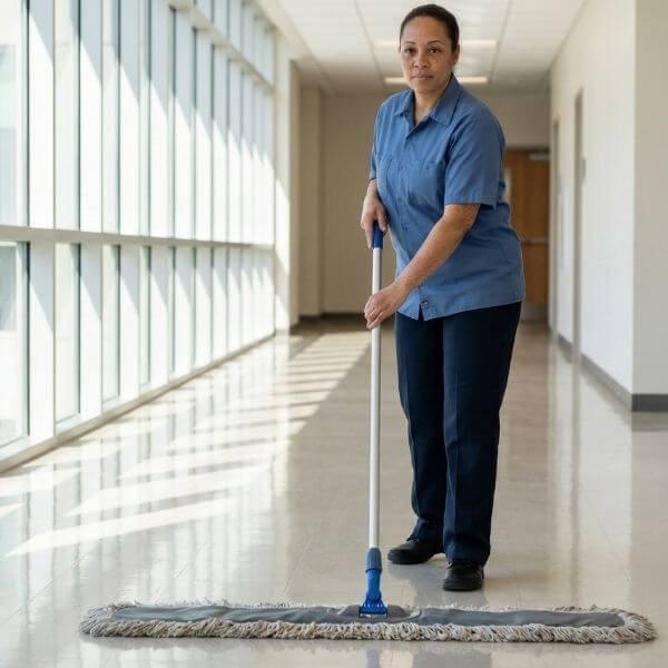 A custodial professional using a dust mop on a gleaming, well-maintained commercial hallway floor during the day.