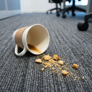 A close-up view of a coffee spill and crumbs on a grey patterned commercial carpet floor.