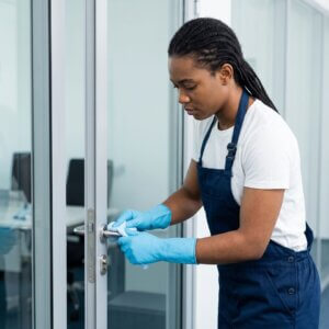 A focused janitor wearing gloves and an apron meticulously wipes a metal door handle in an office entryway with a cloth.