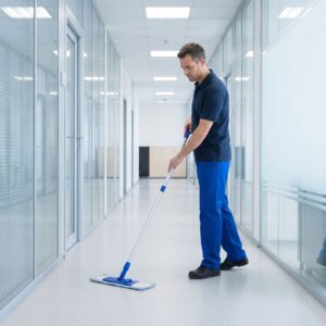 A janitor is actively mopping the shiny floor of a clean and brightly lit office hallway.