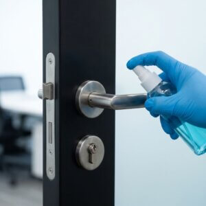 A blue-gloved hand disinfects a silver doorknob in a modern office.