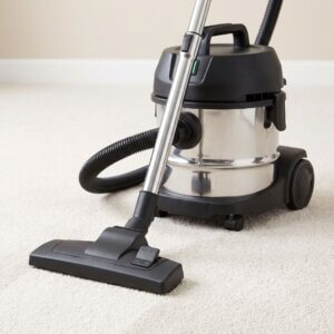 A high-efficiency HEPA filtration vacuum cleaner rests on a newly deep-cleaned carpeted office floor.