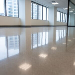A low-angle shot captures a highly polished and clean office floor, reflecting the nearby windows and creating a pristine appearance.