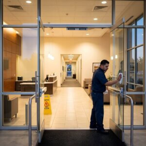 A janitor cleaning glass doors.