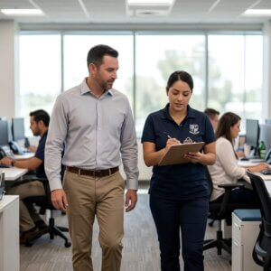 A business owner speaking with a cleaning manager.