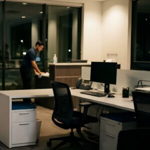 A cleaning crew inside an office after hours.