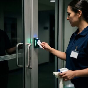 A cleaner using a keycard to enter a door.