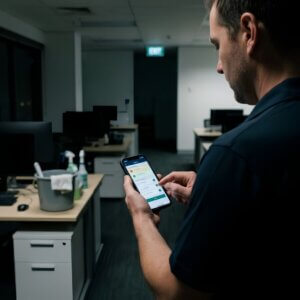 A cleaning professional looking at a phone.