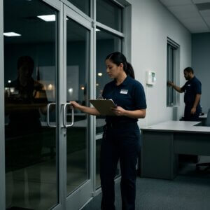 A cleaning crew member cehcking a door's locks.