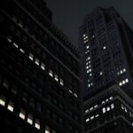 A commercial building at night.