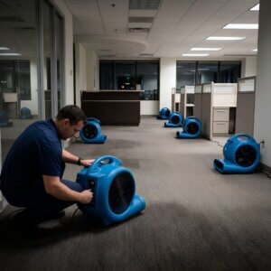 Large fans drying carpets.