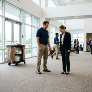 People in a commercial space afetr having carpets cleaned.