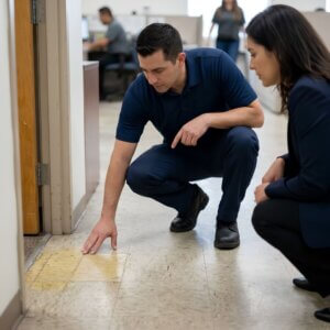 People looking at damaged flooring.