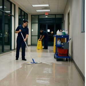 Cleaning crew working on flooring.