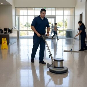 Cleaning crew working on flooring.
